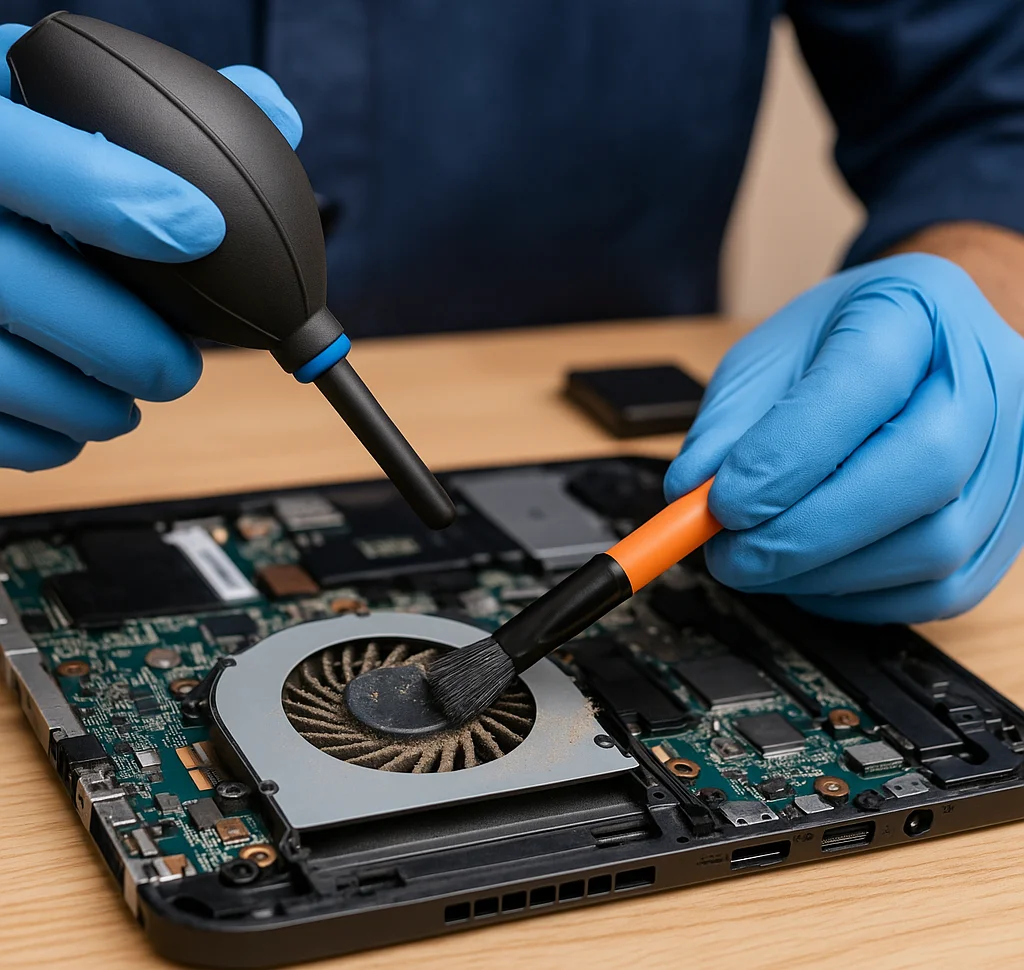 Technician cleaning a dusty laptop fan