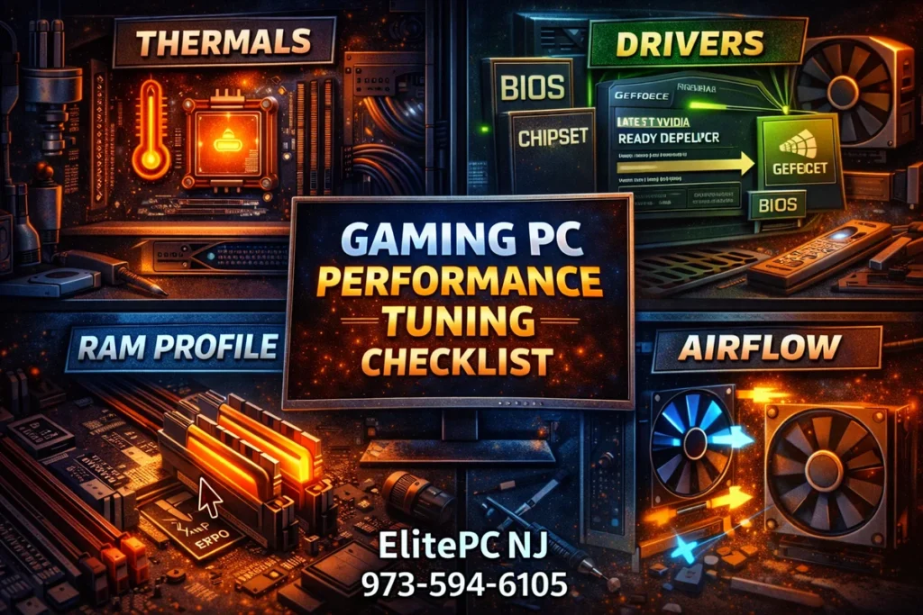Gaming PC performance tuning checklist: thermals, drivers, RAM profile, airflow