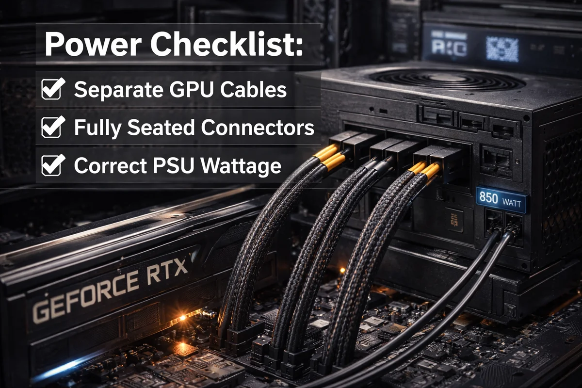 Gaming PC power checklist: separate GPU cables, fully seated connectors, correct PSU wattage