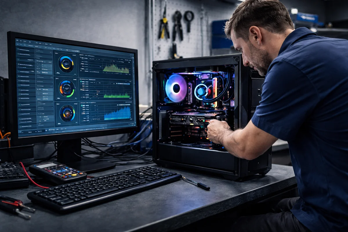 IT technician diagnosing PC hardware performance issues