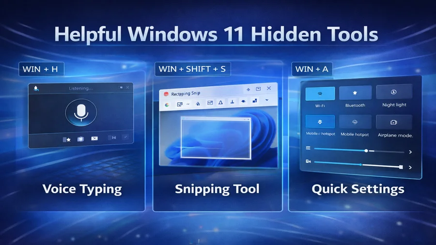 Helpful hidden Windows 11 tools including voice typing, Snipping Tool and Quick Settings panel