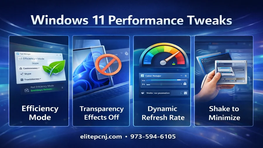 Windows 11 performance tweaks including Efficiency Mode, Dynamic Refresh Rate and transparency settings