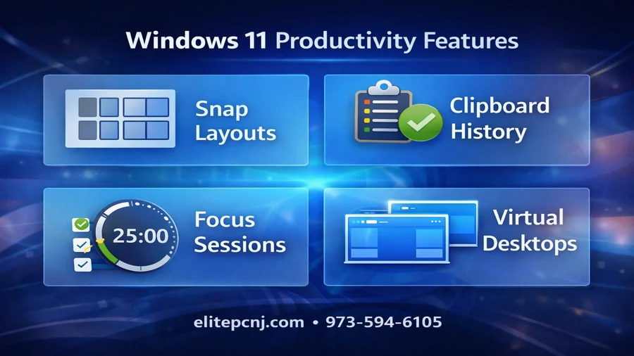 Windows 11 productivity features including Snap Layouts, Clipboard History and Focus Sessions