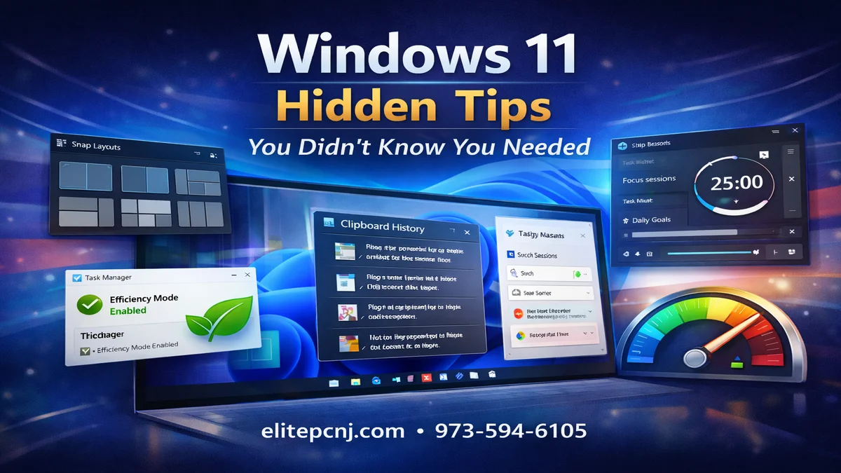 Windows 11 hidden tips infographic showing Snap Layouts, Clipboard History, Efficiency Mode and Focus Sessions