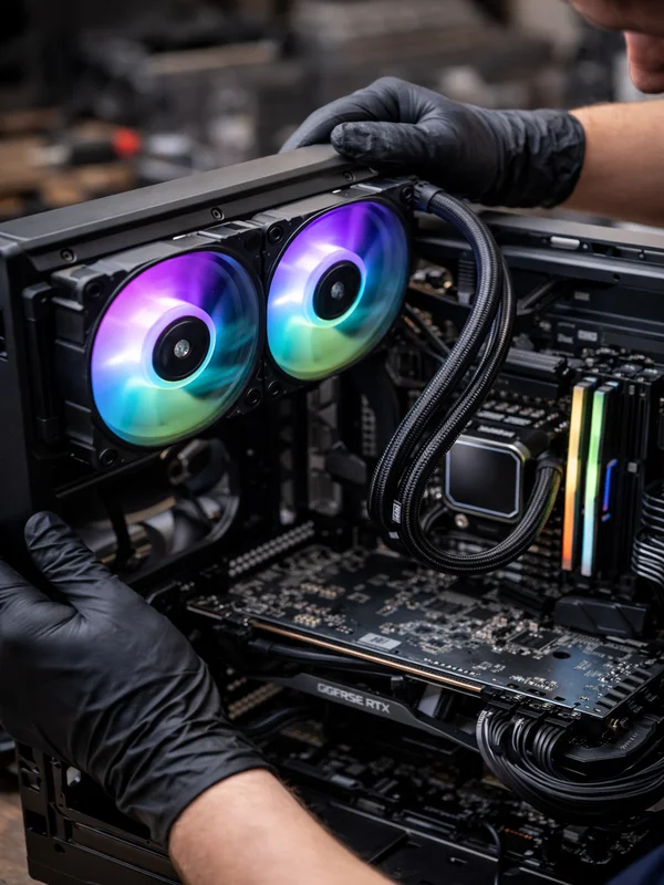 Installing AIO liquid CPU cooler to fix overheating gaming PC during computer repair service in NJ