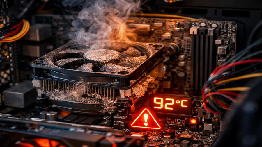 Dusty CPU cooler causing computer overheating and thermal throttling which can make a computer suddenly slow