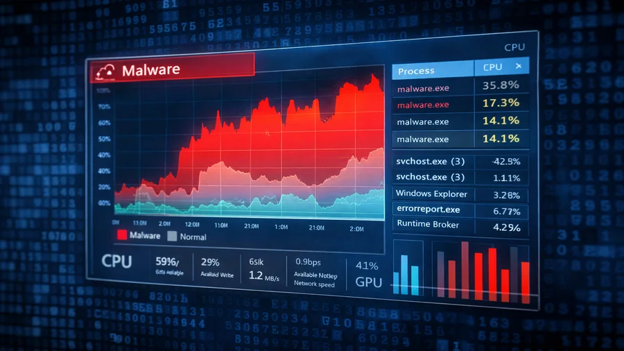 Malware processes consuming CPU resources on a Windows computer dashboard