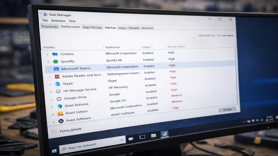 Windows Task Manager startup tab showing multiple enabled programs slowing computer startup