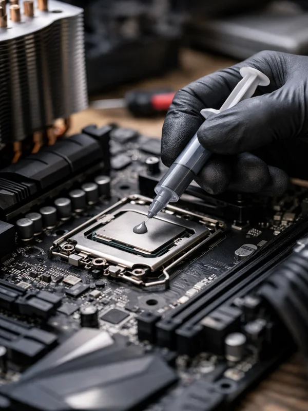Technician applying thermal paste to CPU during overheating computer repair service in North Jersey