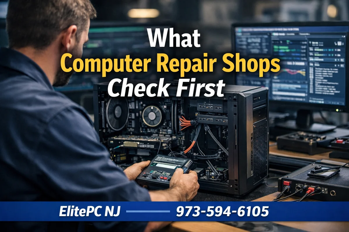 Computer technician diagnosing a PC showing what computer repair shops check first during diagnostics
