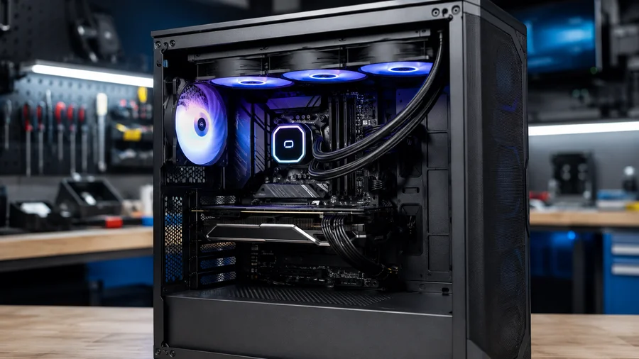 AIO liquid cooler installed inside a gaming PC with radiator and pump block