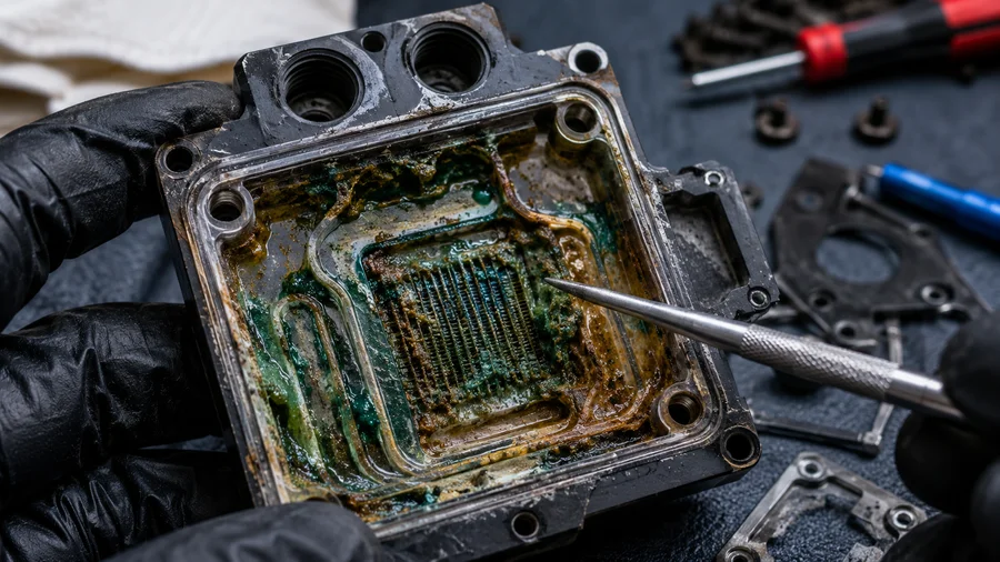 Colored coolant residue clogging a custom PC water block after poor maintenance