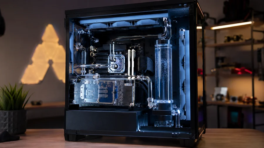 Custom liquid cooling loop inside a high end gaming PC with reservoir tubing and water blocks