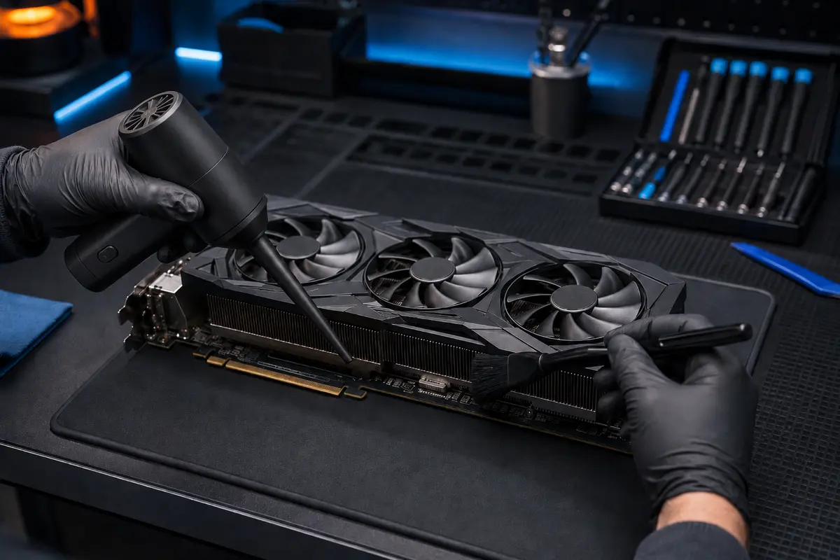 gpu-heatsink-fan-cleaning Professional GPU heatsink and fan cleaning with a powered air blower