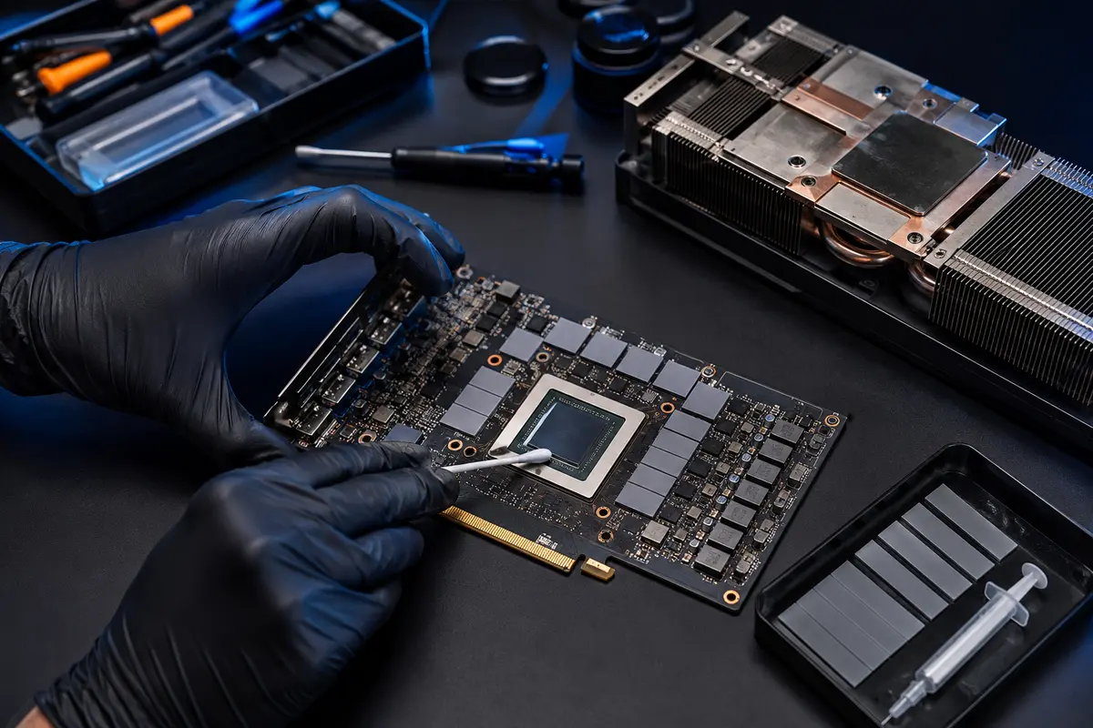 gpu-thermal-paste-pad-service Technician servicing GPU thermal paste and model-specific thermal pads